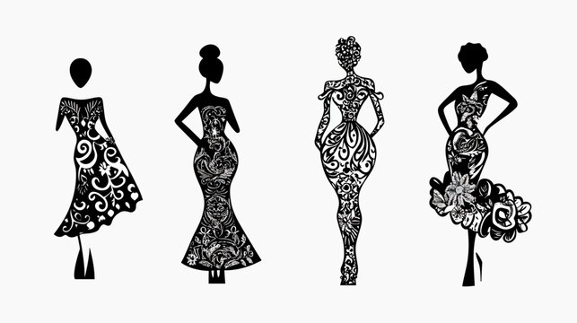 Silhouettes of elegantly dressed women, black and white, ornate patterns on dresses
