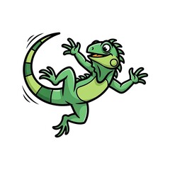Obraz premium Cartoon illustration of a vibrant green iguana jumping happily, its tail curved, on a white background