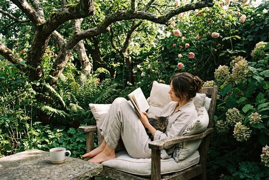 Person Relaxing in a Comfortable Chair in a Lush Garden with Diffused Sunlight