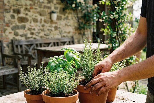 Close-up of hands tending to a small herb garden in terracotta pots on a charming patio during daylight