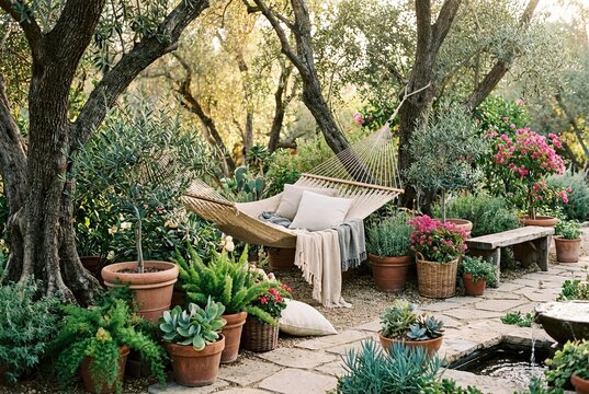 Inviting Outdoor Corner with Hammock Surrounded by Lush Green Potted Plants and Soft Natural Light, Perfect for Relaxation and Tranquility