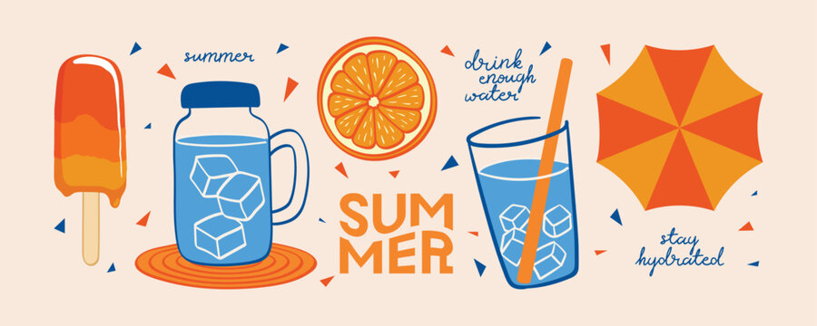 Cute summer elements. Illustration of ice cream, a glass of ice water, orange, umbrella. For sticker or decoration on summertime poster, card, book cover, banner.