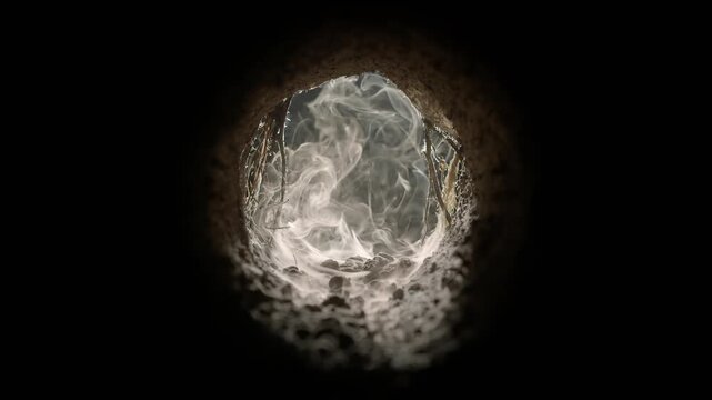 Mysterious subterranean tunnel filled with a light haze. Wind blowing through an eerie fog filled cave with rough walls and vines. Ominous opening to spooky old burrow, underground sewer, or dugout.