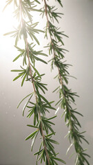Naklejka premium Clean high key rosemary sprigs cascading vertically with fine needle detail soft light minimal aesthetic and airy modern composition 
