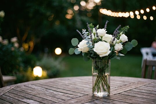 Elegant Floral Arrangement on Wooden Patio Table at Twilight