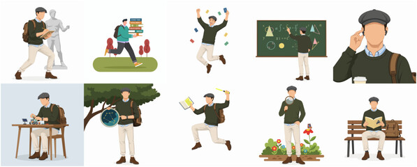 Fototapeta premium Flat Illustration Set of College Student Activity in Different Poses