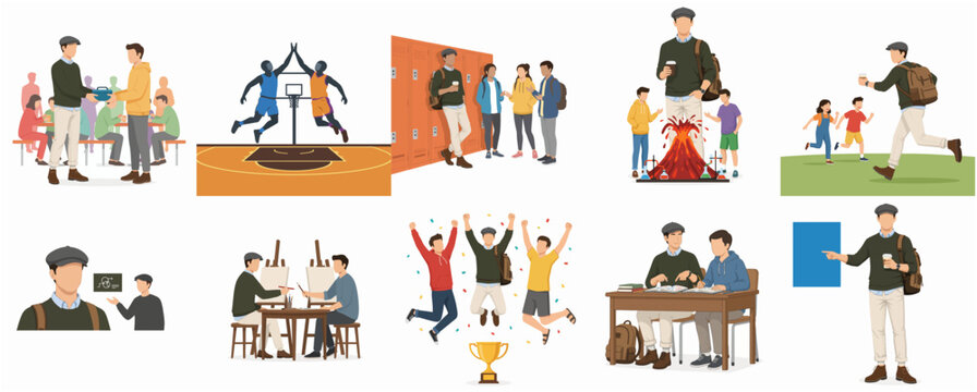 Flat Illustration of Diverse Students in Various Educational and Extracurricular Activities
