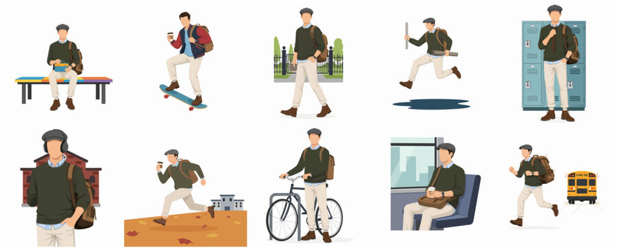 Stylish Flat Design Set of Boy Student Activity Illustration