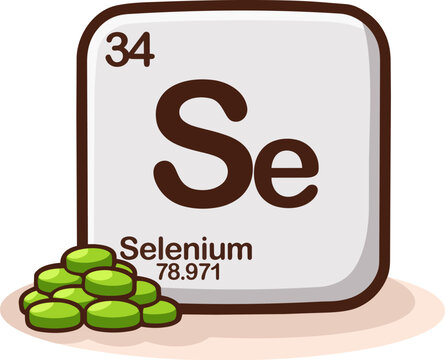 illustration of selenium chemical element from the periodic table with symbol Se and atomic number 34. Educational chemistry design with green tablets