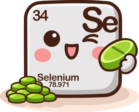 Cute kawaii illustration of selenium chemical element from the periodic table with symbol Se and atomic number 34. Adorable smiling character with green tablets