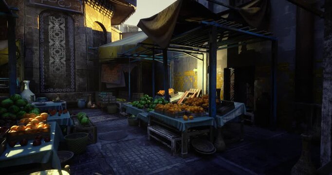 bright sunlit spice market aisle with jars and bowls of dried ingredients, chef imagined picking herbs and spices for local kitchen, warm tones highlight