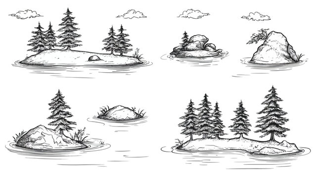 Black and white illustration of small islands with trees and rocks in the water with some clouds