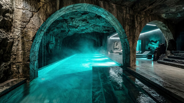 Underground pool with bioluminescent algae lighting spa