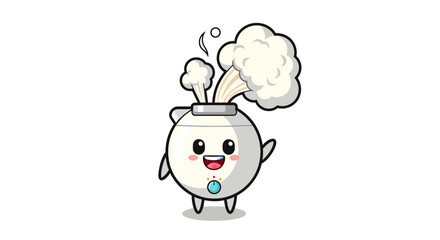 Fototapeta premium Cute Kawaii Kettle Character Waving with Steam