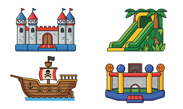 Pirate ship, tropical jungle slide, basketball arena, and castle bounce house vector collection. Colorful inflatable jumping playground equipment for kids amusement park party.