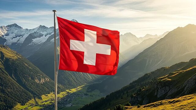 A red and white flag waving in the wind with a beautiful mountain range in the background