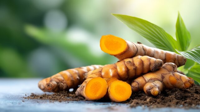 Freshly Harvested Curcuma Longa Roots with Vivid Orange Flesh and Soil