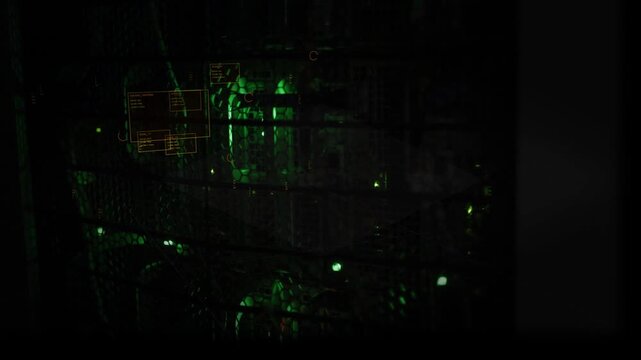 Metal mesh centering frame, green indicators pulsing and orange HUD glowing, revealing equipment