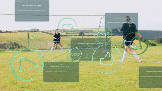 Teen kicker approaching to kick ball, keeper reacting as social UI overlays multiplying for sports