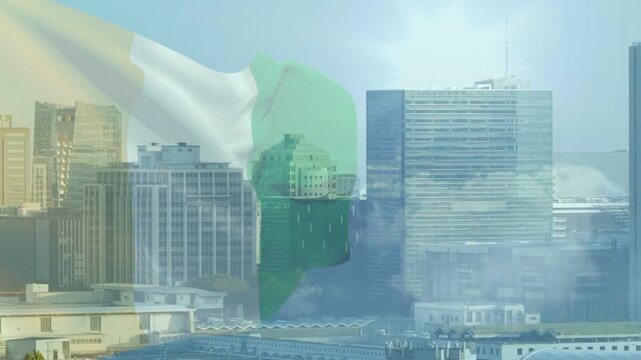 Tricolor fabric emerging from left, waving across skyline, shifting folds, producing lens flare