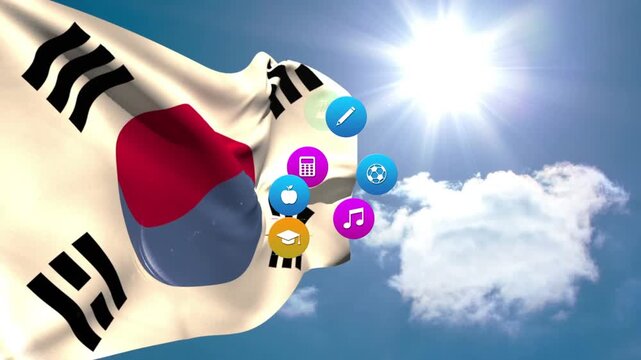 Taegeukgi fluttering orange icon appearing and spawning education menu on flag icons drifting off