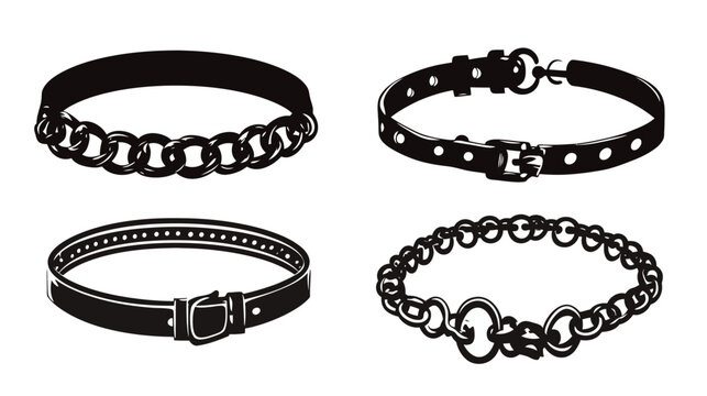 Four black and white illustrations of various necklaces and bracelets on a plain white background