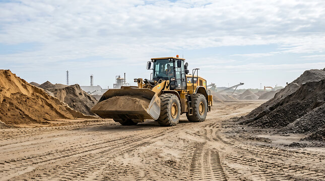 A yellow wheel loader operates on a construction site with sand piles.