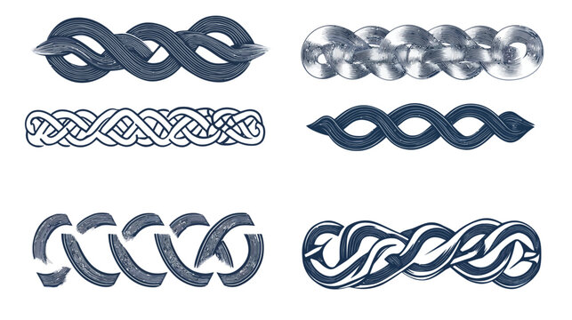 Six stylized decorative line art illustrations featuring braided, looped, and interwoven designs