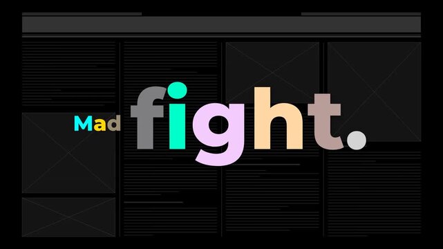 Animated colorful typography spelling Mad fight on a dark digital wireframe background. Gym motivation quote