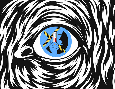 Extreme close-up of a stylized cow's eye reflects featuring a veterinarian's hand holding a test tube, with suspected Foot-and-Mouth Disease (FMD) infection, surrounded by black and white patterns