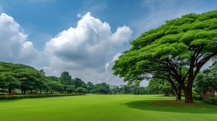 Fototapeta premium Lush Green Golf Course Landscape Under Dramatic Blue Sky with Fluffy Clouds and Verdant Trees, Perfect for Outdoor Recreation and Relaxation