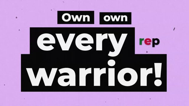 Motivational typography reading Own every rep warrior in a cutout style on a grainy purple background. Gym motivation words
