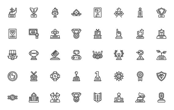 Awards icon set. Vector trophy collection featuring medals, badges, shields, plaques, stars, certificates, and symbols for achievement, victory, and gaming.
