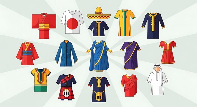 Assortment of illustrated traditional garments from various world cultures, arranged in rows