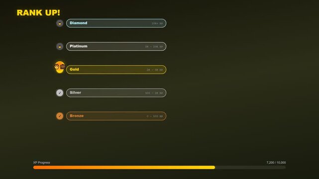 A dynamic interface showcasing gamified financial learning through an evolving rank progression system where achievement tiers unlock sequentially alongside a steadily filling experience progress bar