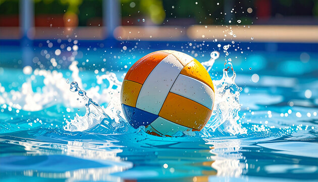 Volleyball splash in blue pool water