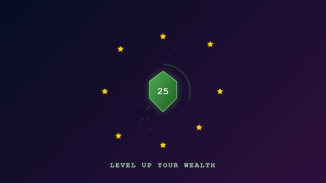 This sophisticated gamified financial learning animation depicts a progressive wealth accumulation process featuring a luminous green hexagon and ascending golden stars against a dark background