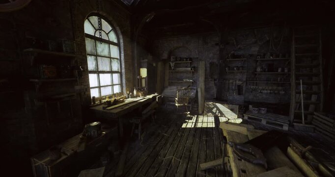 sunlit maker loft with arched window casting warm beams across bench, scattered tools and wooden wheels, intimate creative atmosphere and handson craft energy