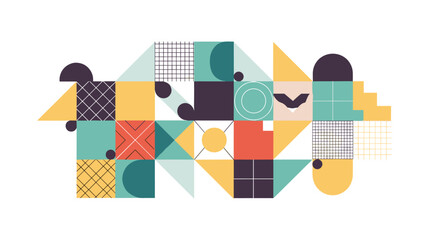 Obraz premium Dynamic geometric composition featuring teal, yellow, coral, and deep purple shapes with clean lines, circles, squares, triangles, and grid patterns, conveying modern abstract
