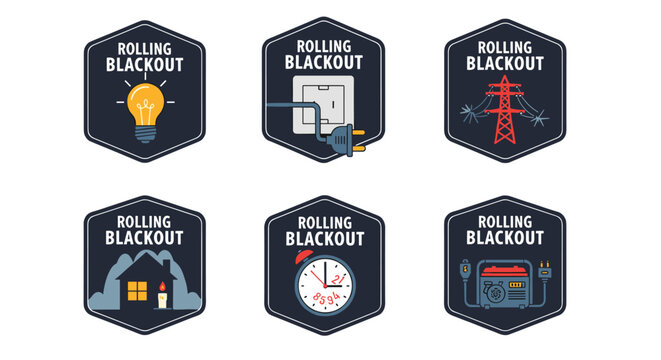 Collection of six hexagonal emblems depicting rolling blackout scenarios: a glowing lightbulb, an unplugged electrical outlet with a plug, a damaged power line tower, a house with