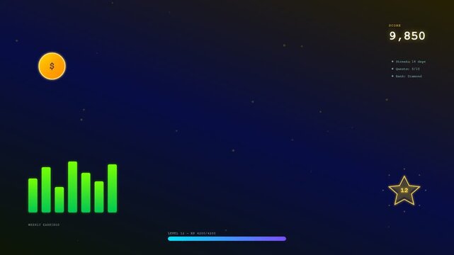 A sleek digital interface showcasing gamified financial learning unfolds as shimmering gold coins and ascending green holographic charts navigate through a deep stellar background