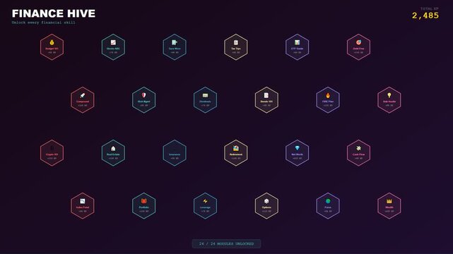 An intricate motion graphic depicting gamified financial learning via an evolving skill tree architecture where luminous hexagonal nodes unlock sequentially upon a midnight digital backdrop
