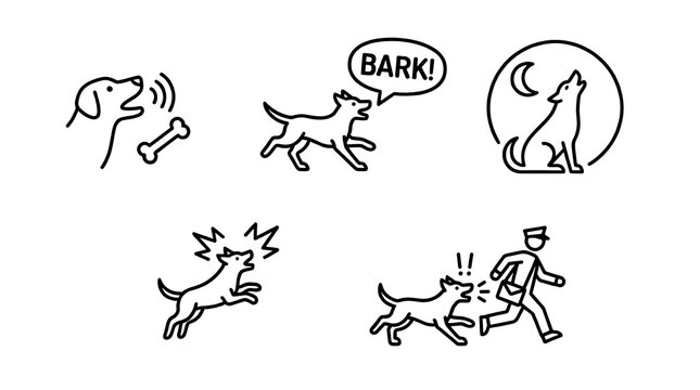 Black and white line art vector icon set of a barking dog howling at the moon jumping and chasing a postman for pet behavior and obedience training.