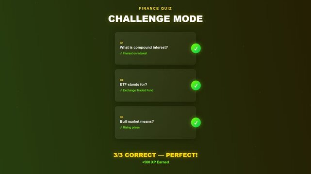 A sleek digital interface showcasing gamified financial learning through a series of interactive quiz questions that unlock achievement badges and experience points on a dark background