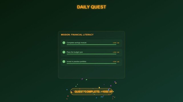 An innovative interface featuring gamified financial learning evolves through a series of educational missions until a triumphant reward notification celebrates the achievement of monetary knowledge
