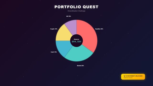 A dynamic animation showcasing gamified financial learning through a growing pie chart representing portfolio diversification against a dark cosmic backdrop for educational fintech applications