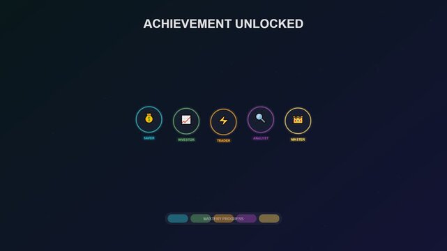 immersive experience of gamified financial learning unfolds as holographic achievement emblems illuminate sequentially against a deep obsidian backdrop to visualize an educational progression toward