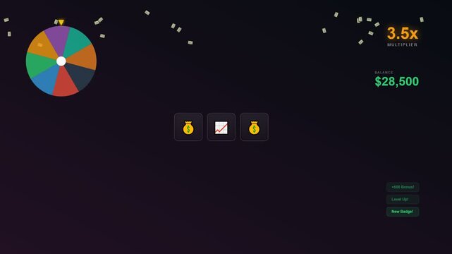 A vibrant digital interface showcasing gamified financial learning through a spinning wheel of fortune that increases a virtual balance while unlocking achievement trophies and rewards