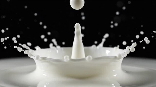 A splash of white liquid creates a beautiful crown shape with droplets on a dark background