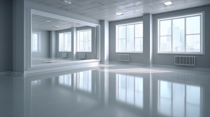 Fototapeta premium Bright and Spacious Empty Room with Large Windows and Glossy Floor Perfect for Various Uses and Creative Projects in Modern Architecture Setting
